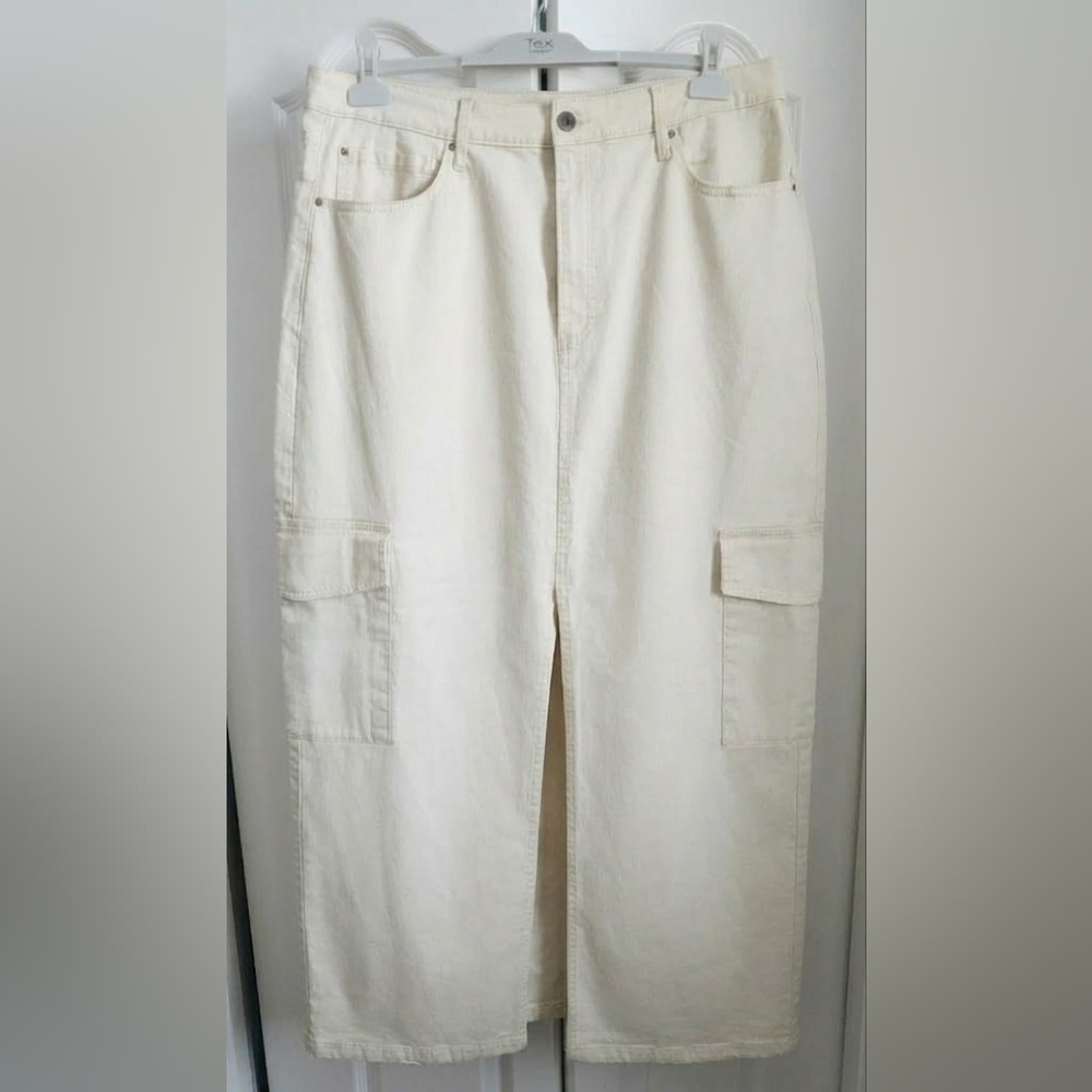 High Waisted Cargo Maxi Skirt Off-White Plus Size 16–18 Stretch Pockets NWT - Picture 2 of 10